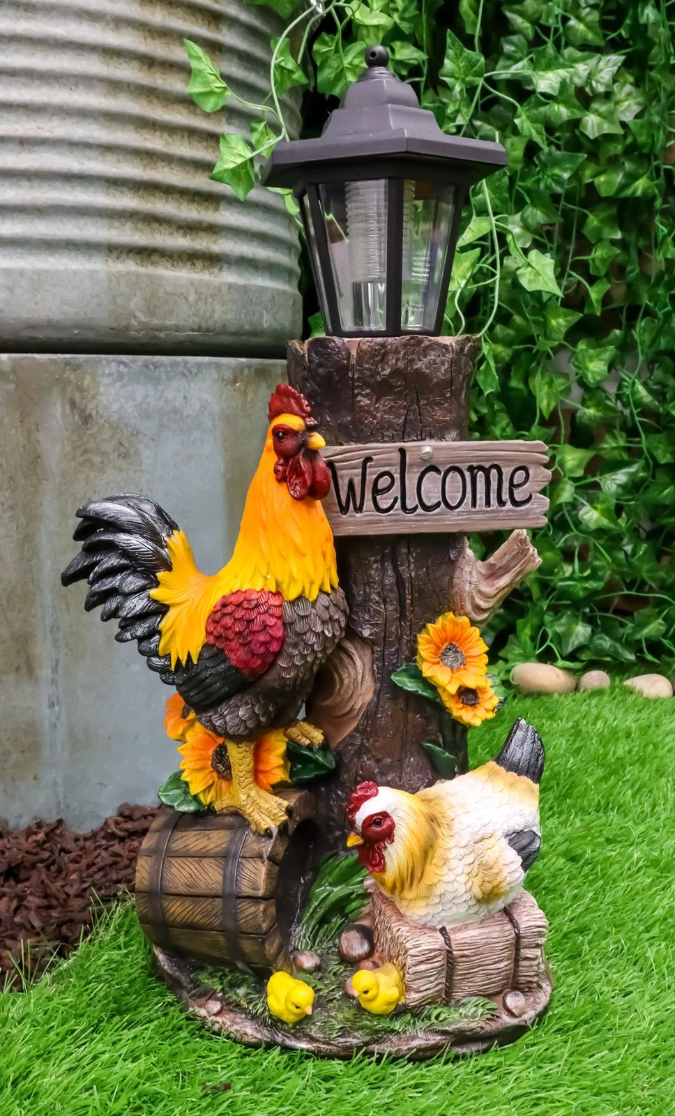 Country Farm Rooster Hen Chicks Family By Sunflowers Solar Light Lantern Statue
