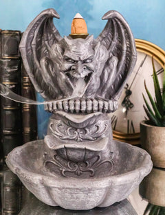 Gothic Chimera Gargoyle On Fountain Pedestal Backflow Incense Cone Burner Decor-1