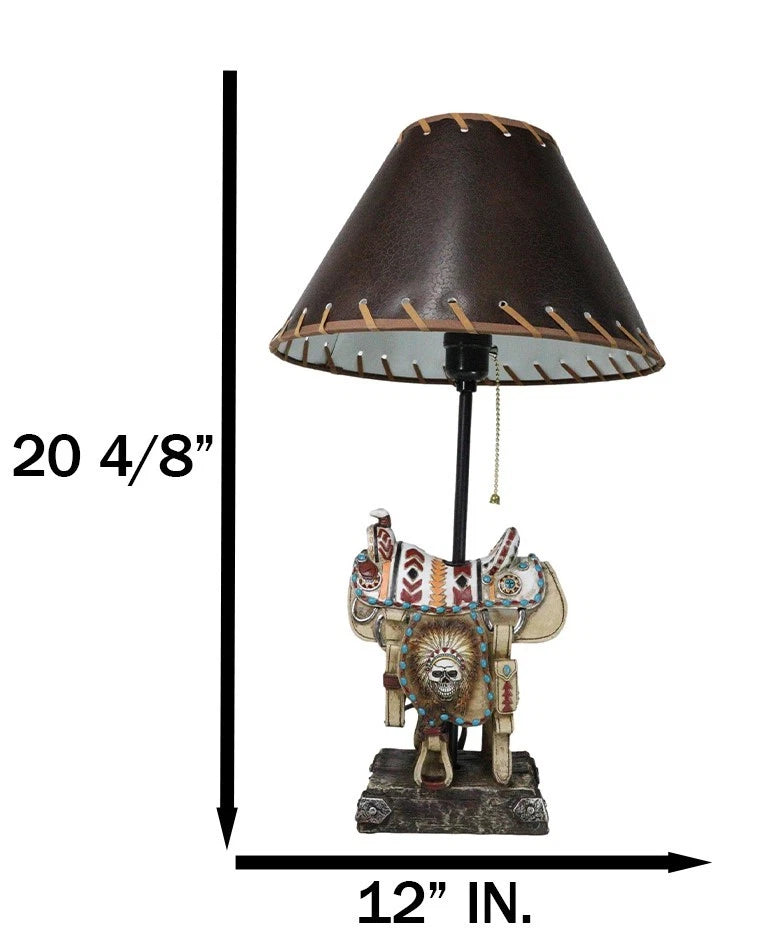 Southwestern Navajo Indian Chief Skull Headdress Cowboy Horse Saddle Table Lamp-5