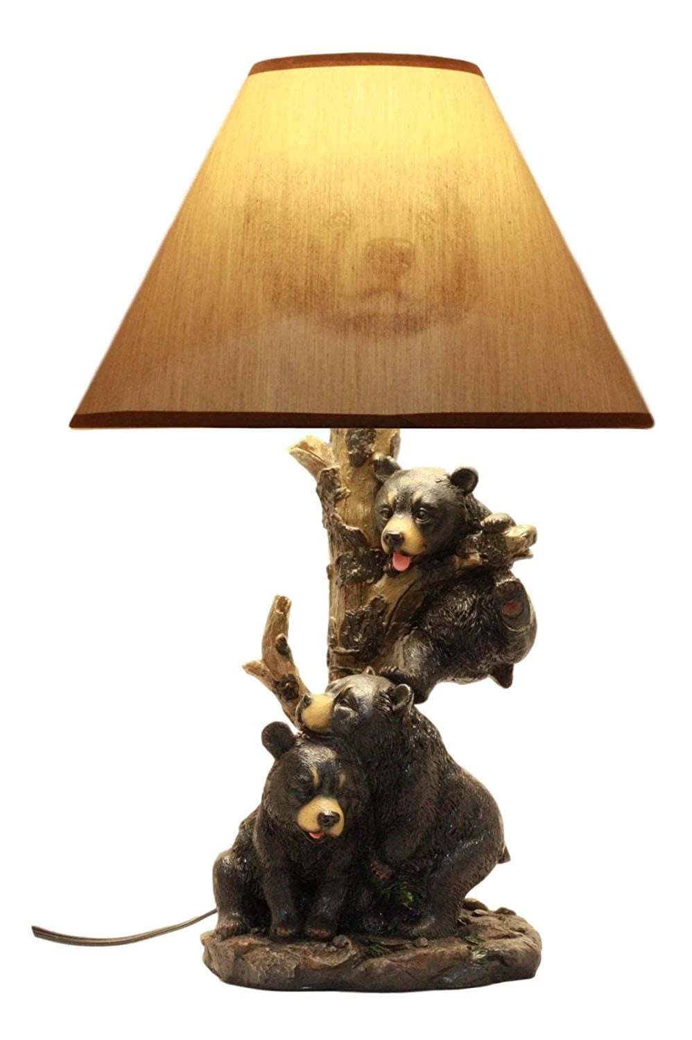 Climbing Black Bear Cubs Table Lamp Statue Decor With Bear Face Shade-5