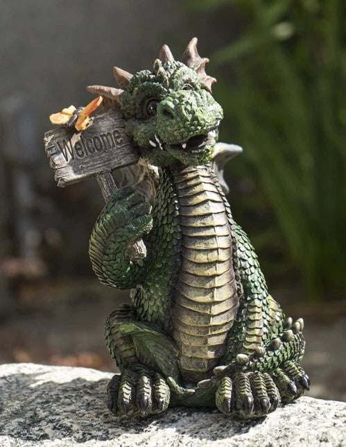 Whimsical Green Garden Dragon With Butterfly With Welcome Plank Sign Figurine-4