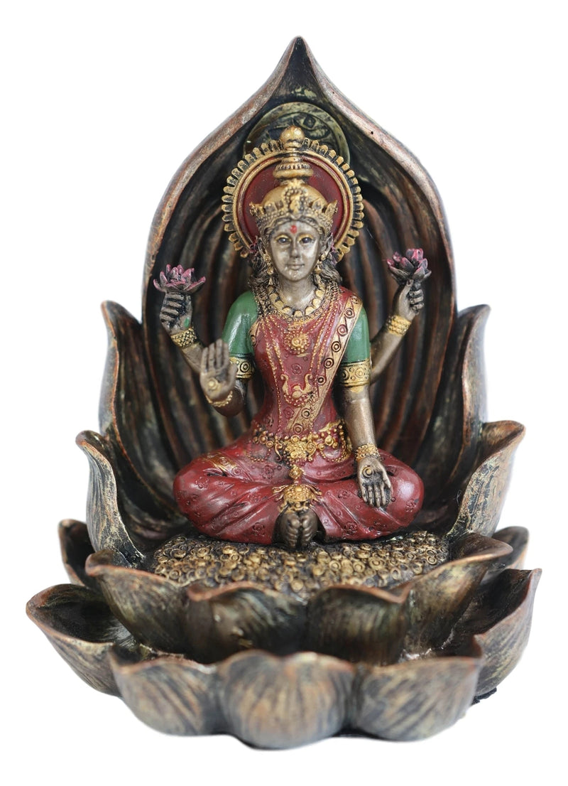 Vastu Hindu Goddess Lakshmi Seated On Lotus Backflow Incense Cone Burner Statue-6