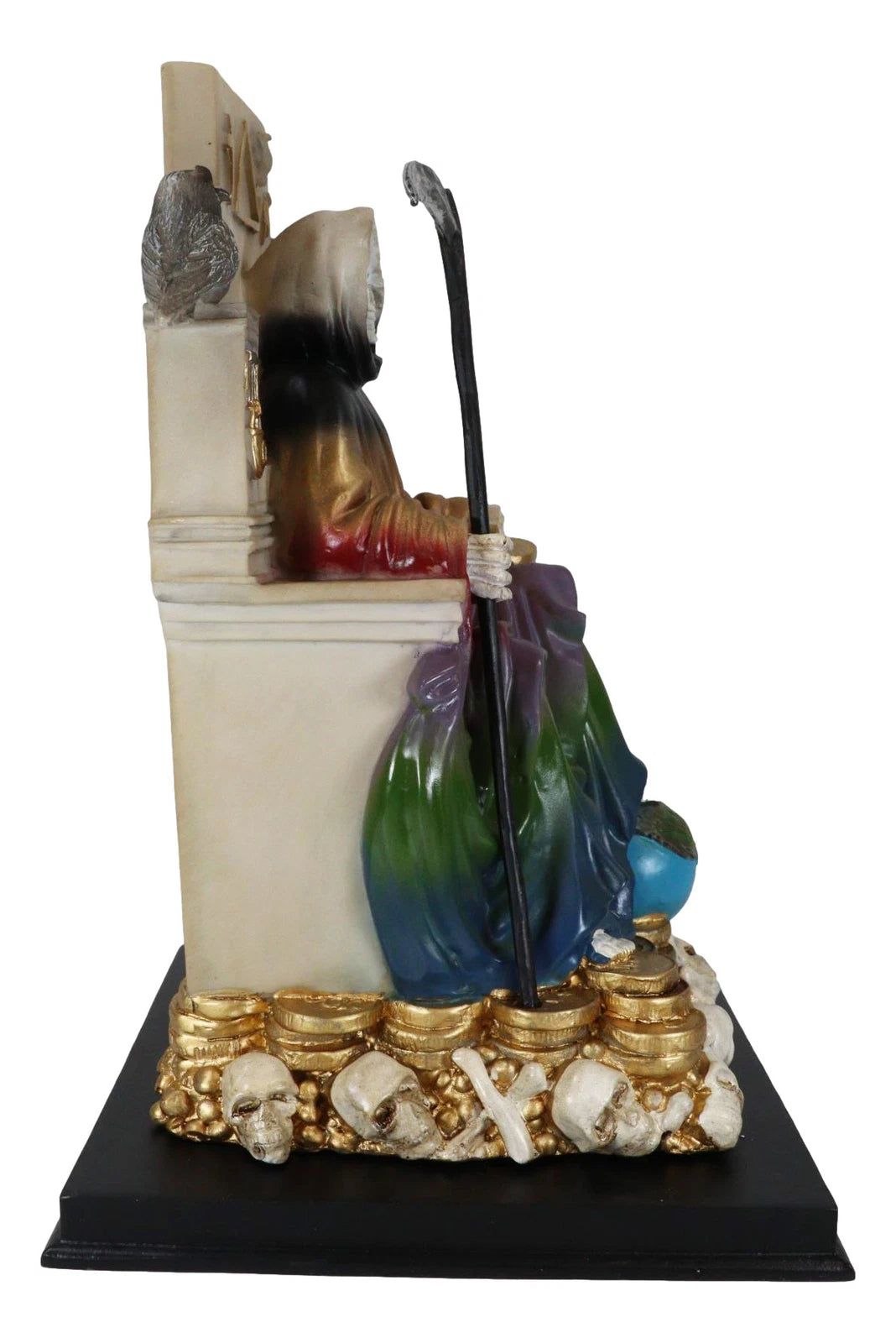 Rainbow Robe Holy Santa Muerte Seated On Throne with Scythe Statue 10.5"H-7