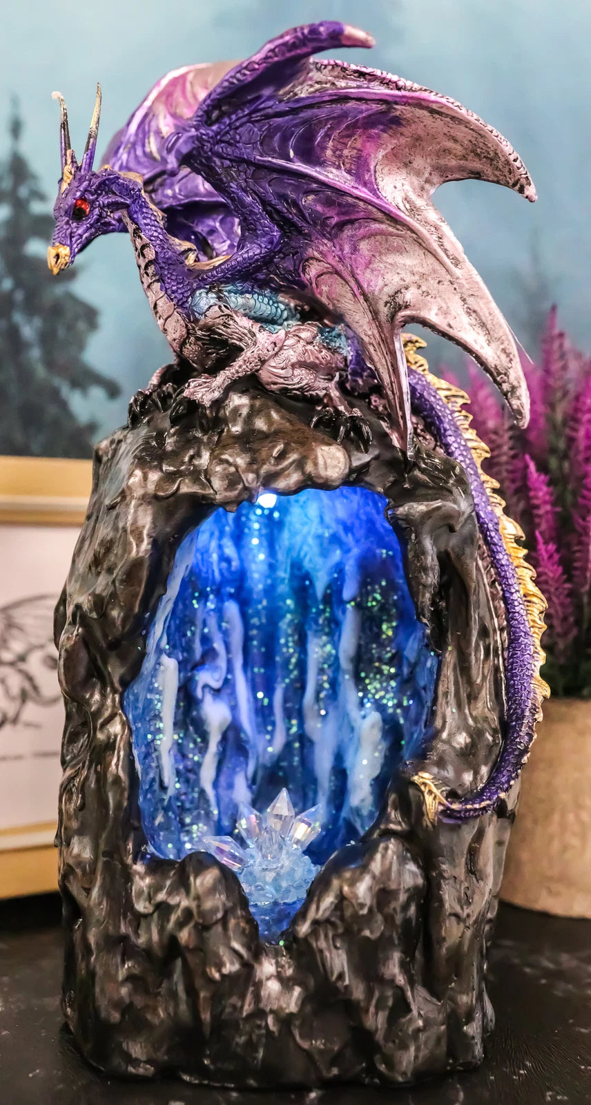 Purple Azure Quartz Dragon On Gemstone Mountain Backflow Incense Burner Figurine-3