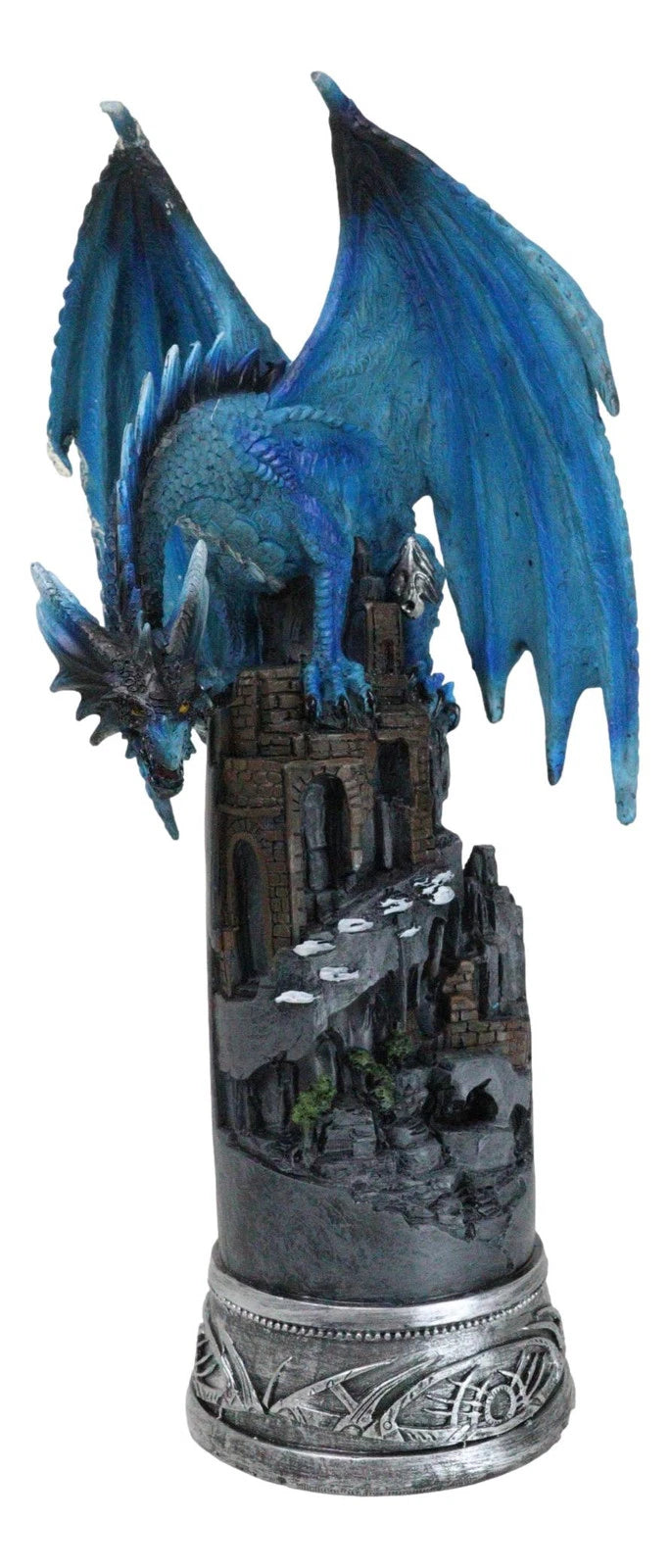 Blue Elemental Ice Dragon Perching On Medieval Stonewall Castle Tower Figurine-2