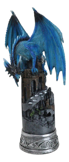 Blue Elemental Ice Dragon Perching On Medieval Stonewall Castle Tower Figurine-2