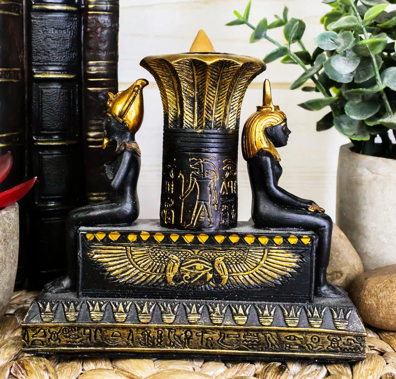 Ancient Egypt Black and Gold Seated Isis and Osiris Pillar Candle Holder-1