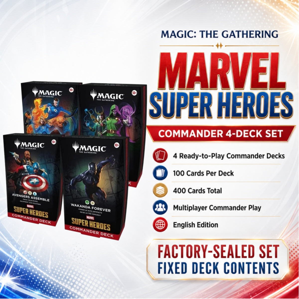 Magic: The Gathering Marvel Super Heroes Commander Deck 4-Deck Set English Edition, Avengers Assemble, Wakanda Forever, The Fantastic Four & Doom Prevails, Factory-Sealed MTG Ready-to-Play Multiplayer TCG Collection-2