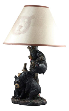 Climbing Black Bear Cubs Table Lamp Statue Decor With Bear Face Shade-4