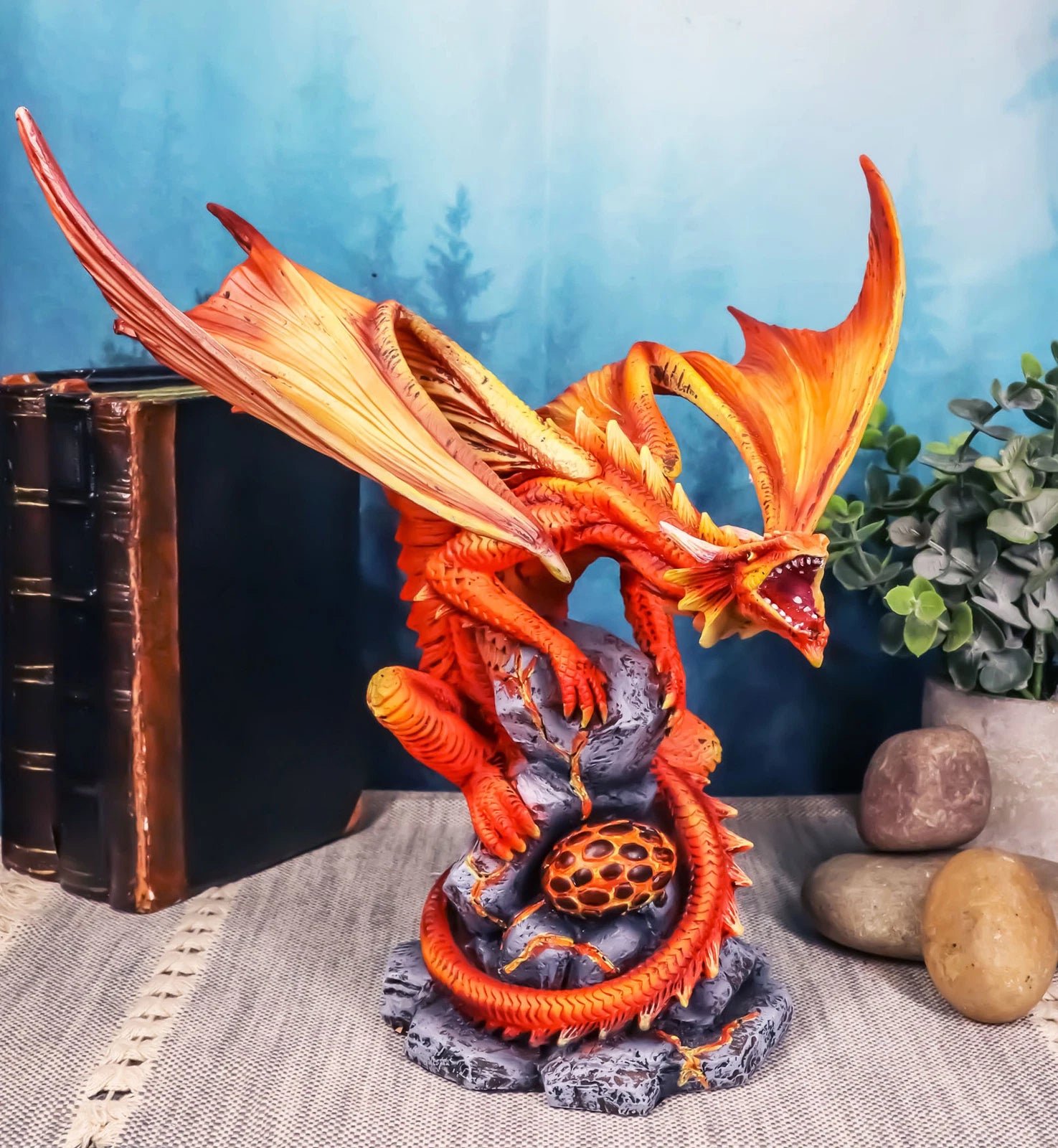 Roaring Red Phoenix Fire Dragon Guarding Egg Hatchling Statue 10"H Anne Stokes-1