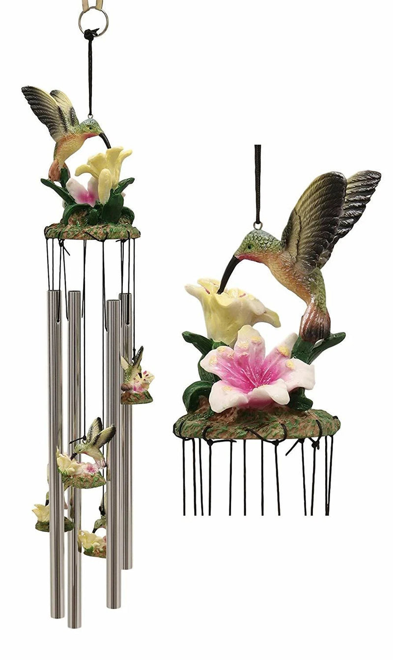 Beautiful Hummingbird with Nectarine Lily Flowers Wind Chime 21" L-2