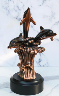 Bronze Electroplated Three Bottlenose Dolphins Riding Over Ocean Waves Statue-3
