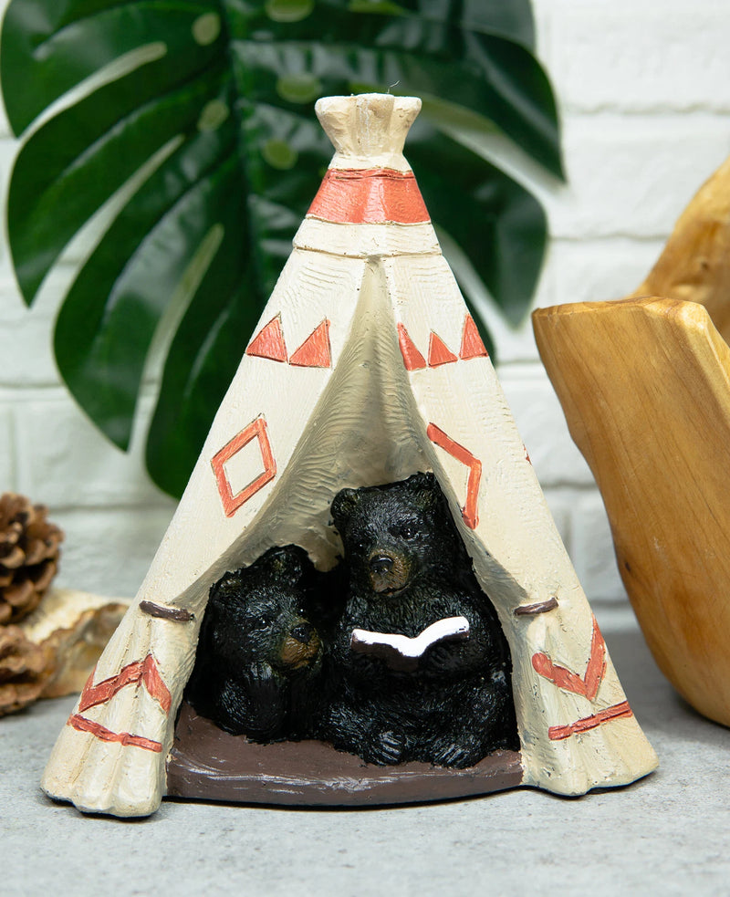 Rustic Forest Black Bear Cubs Story Time Reading Book In Teepee Figurine-1