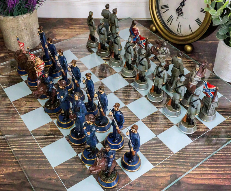 US Civil War Union North VS Confederate South Chess Pieces And Glass Board Set-2
