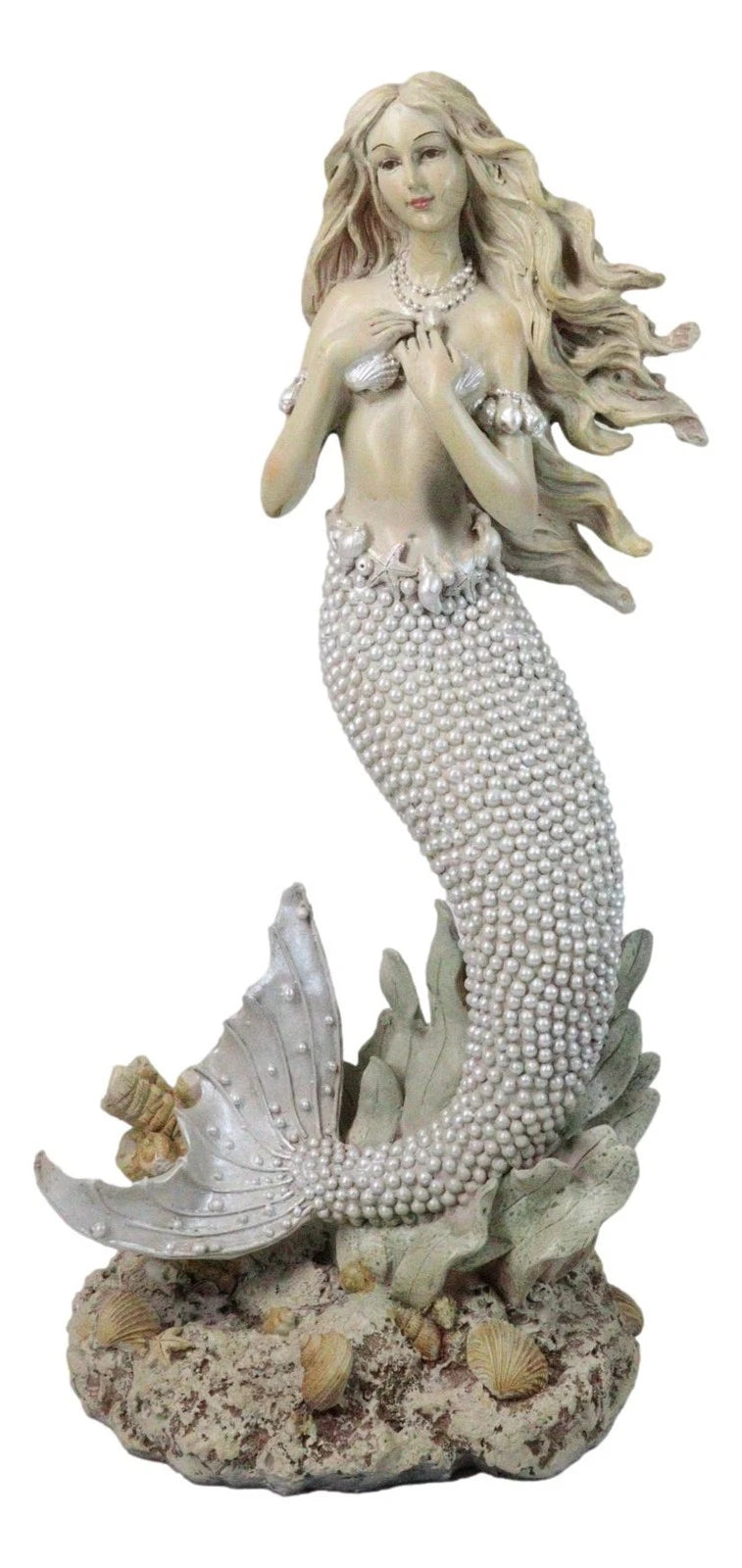 Marine Vintaged Pearly White Ariel Mermaid Sitting On Sea Rock Figurine 16" H-2