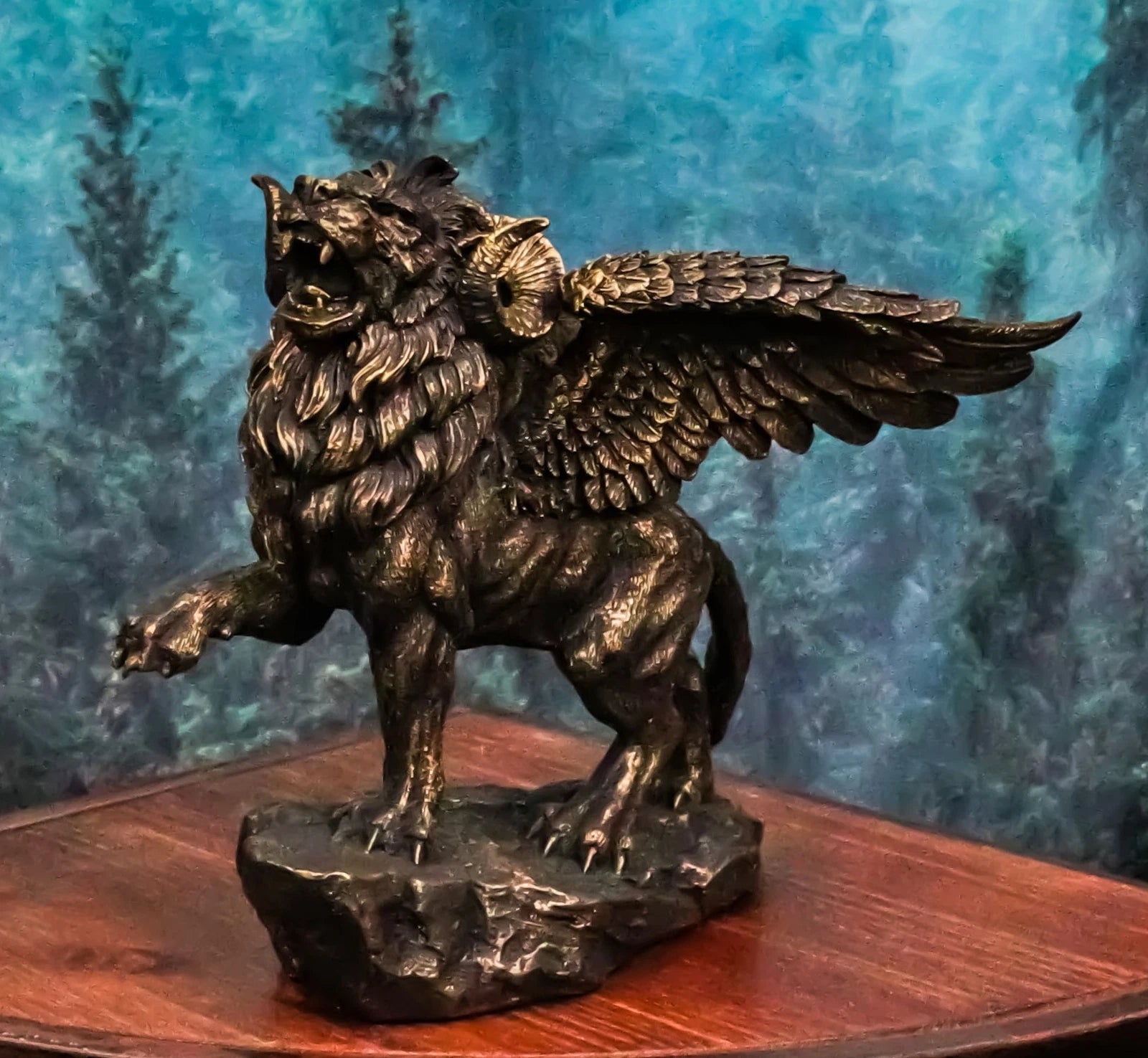 Faux Bronze Greek Guardian Winged Lion Chimera Gargoyle With Goat Horns Figurine-1