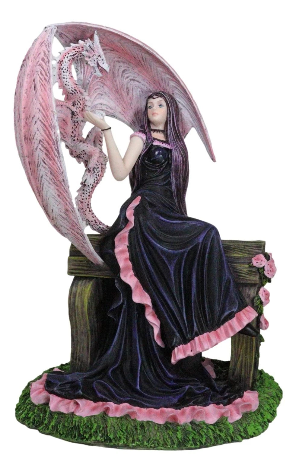 Elegant Pink Wyvern Dragon with Rose Fairy in Black Gown Sitting On Bench Statue