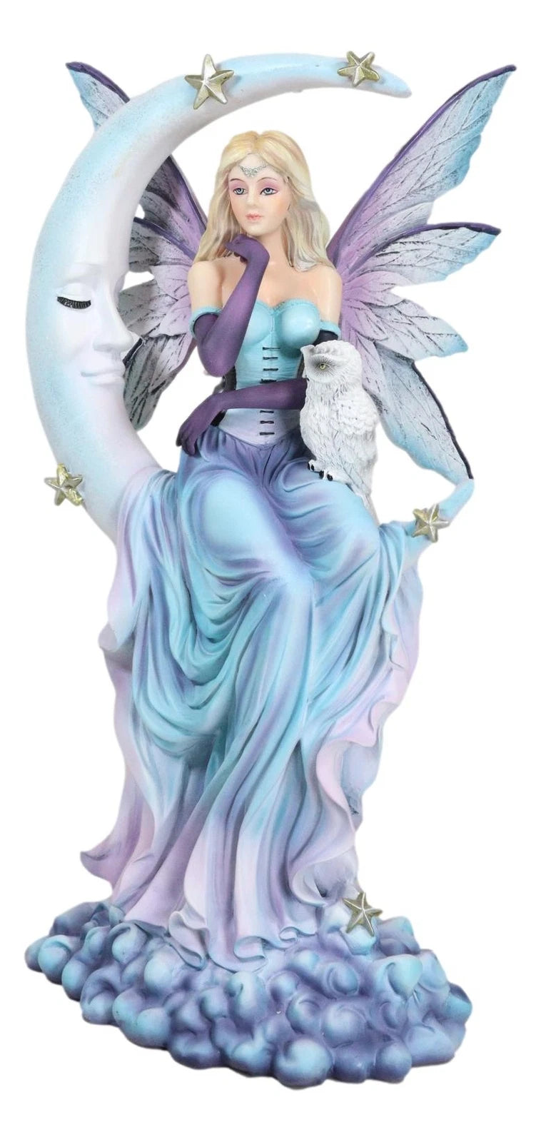 Crescent Moon And Stars Midnight Fairy Luna In Pastel Gown With Snow Owl Statue-2
