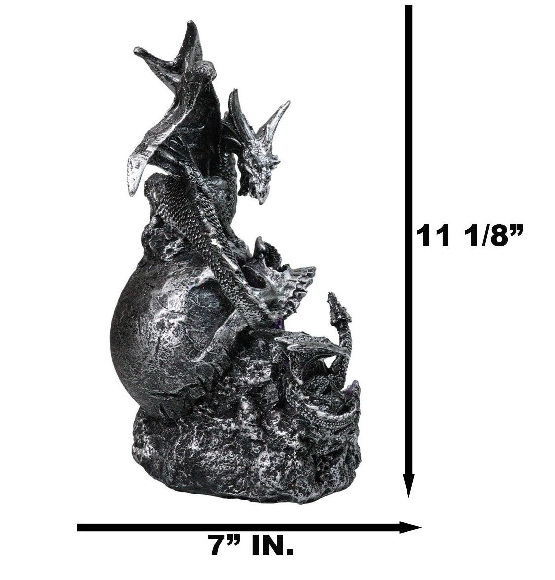 Silver Gothic Dragon On Oversized Skull with Faux Geode Crystal LED Figurine-3