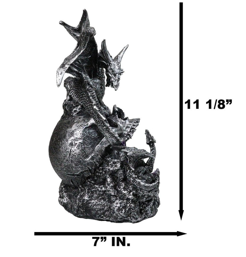 Silver Gothic Dragon On Oversized Skull with Faux Geode Crystal LED Figurine-3
