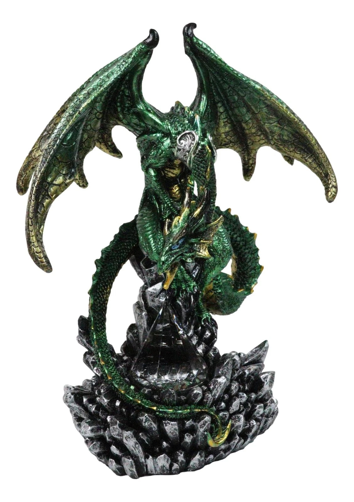 Metallic Green and Gold Rune Dragon Guarding Glass Prism Crystals Figurine 10"H-3