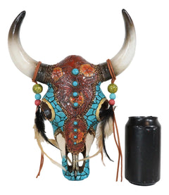 Southwest Tooled Leather Cow Skull With Turquoise Gems And Feathers Wall Decor-3