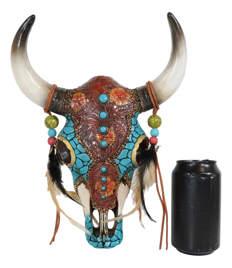 Southwest Tooled Leather Cow Skull With Turquoise Gems And Feathers Wall Decor-3