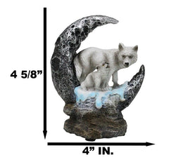 Winter Snow White Wolf With Pup Cub By Snowy Crater Crescent Moon Figurine-2