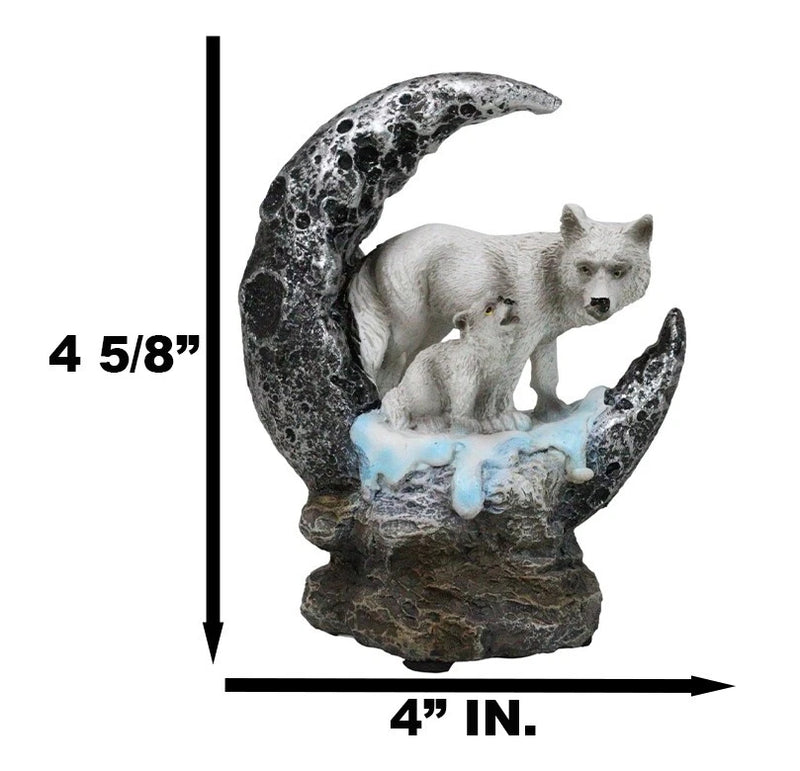 Winter Snow White Wolf With Pup Cub By Snowy Crater Crescent Moon Figurine-2