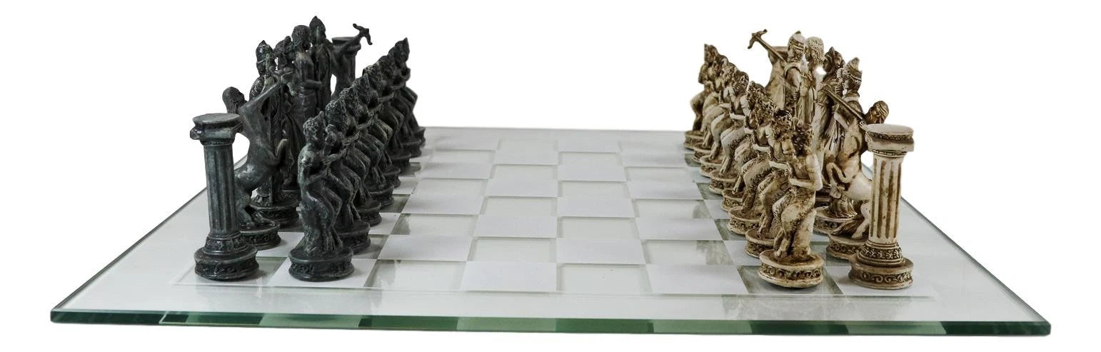 Olympus At War Greek Olympian Deities Resin Chess Pieces W/Glass Board Set-4