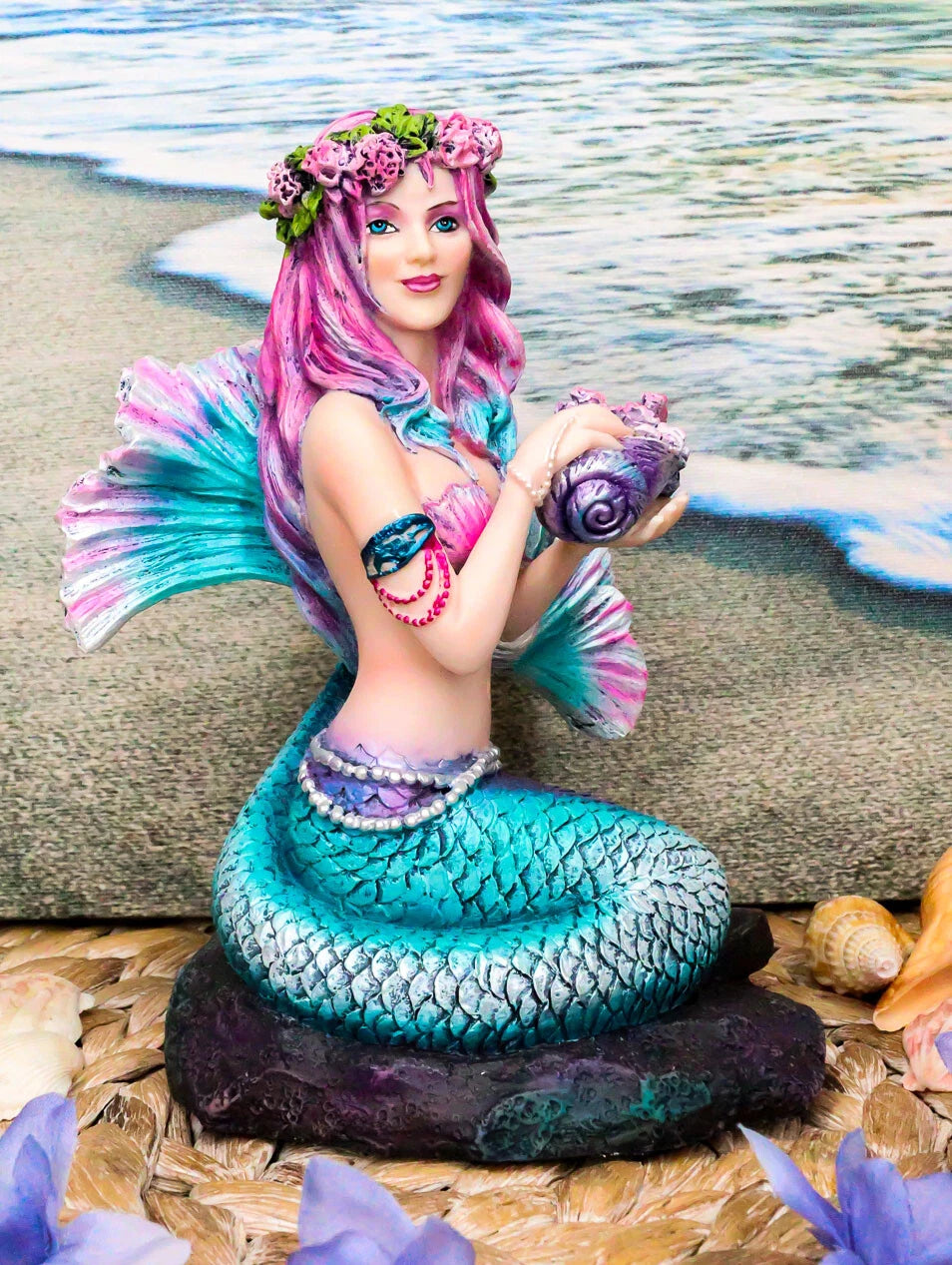 Brigid Ashwood Mermaid Ocean Spring Flowers Holding Conch Statue 6.25" H-1