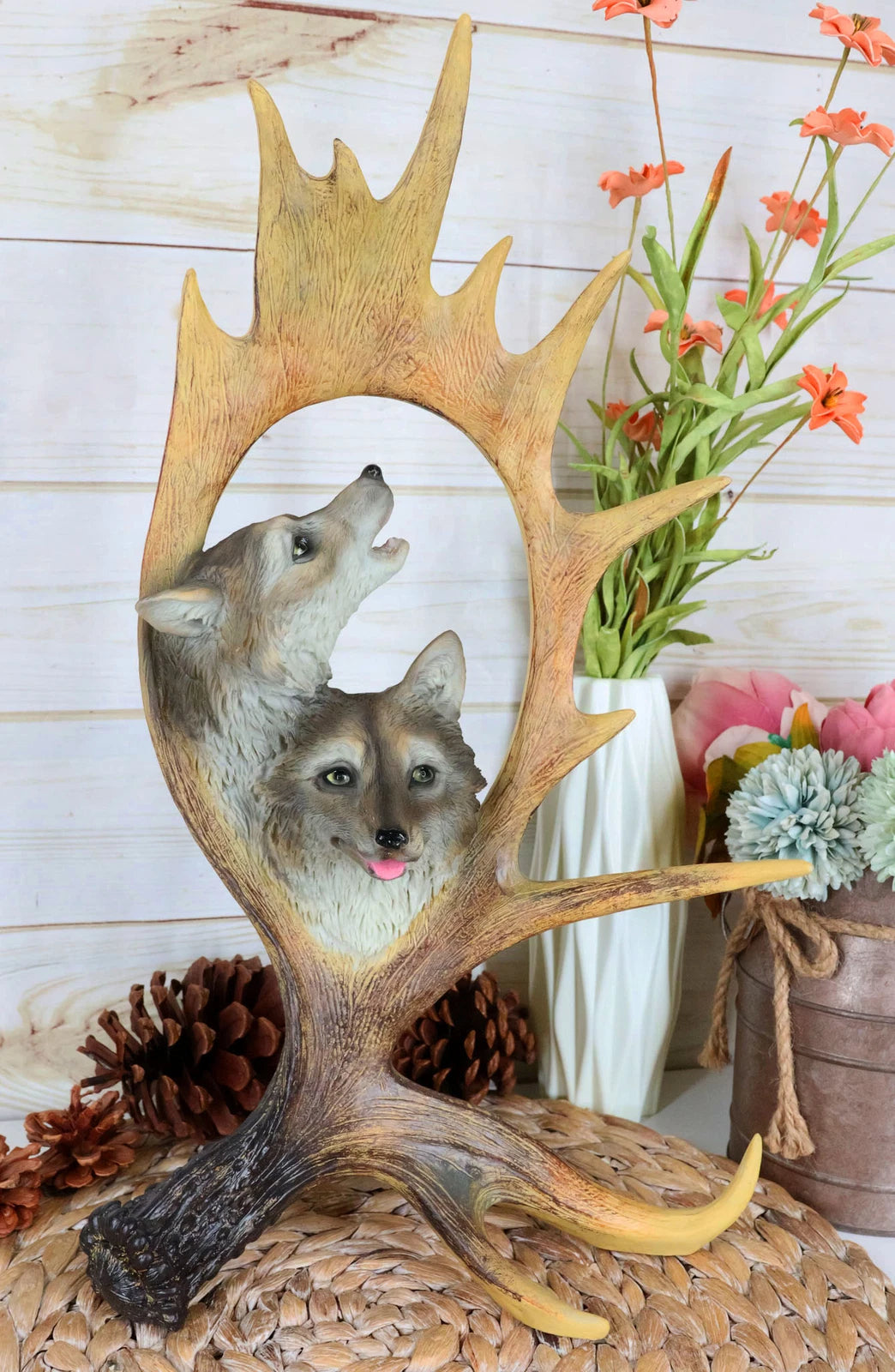 Rustic Western Emperor Moose Deer Antler With Howling Wolves Family Figurine-1