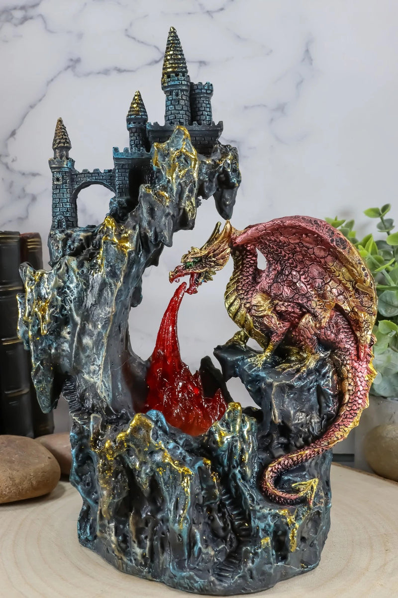 Red Garnet Fire Dragon By Rocky Mountain With Castle LED Light Figurine-3