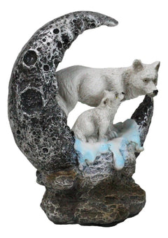 Winter Snow White Wolf With Pup Cub By Snowy Crater Crescent Moon Figurine-3