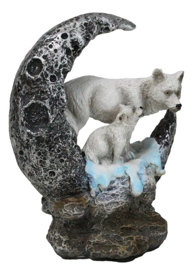 Winter Snow White Wolf With Pup Cub By Snowy Crater Crescent Moon Figurine-3