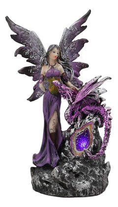Purple Fairy With Dragon Sitting On LED Crystal Geode Night Light Statue Decor-4