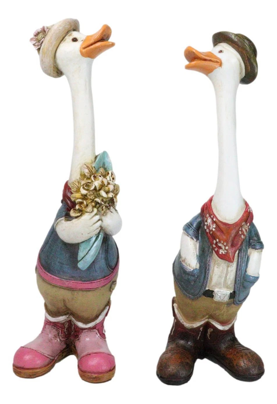 Set of 2 Western Cowboy Cowgirl Ducks With Hats Scarves And Boots Figurines-2