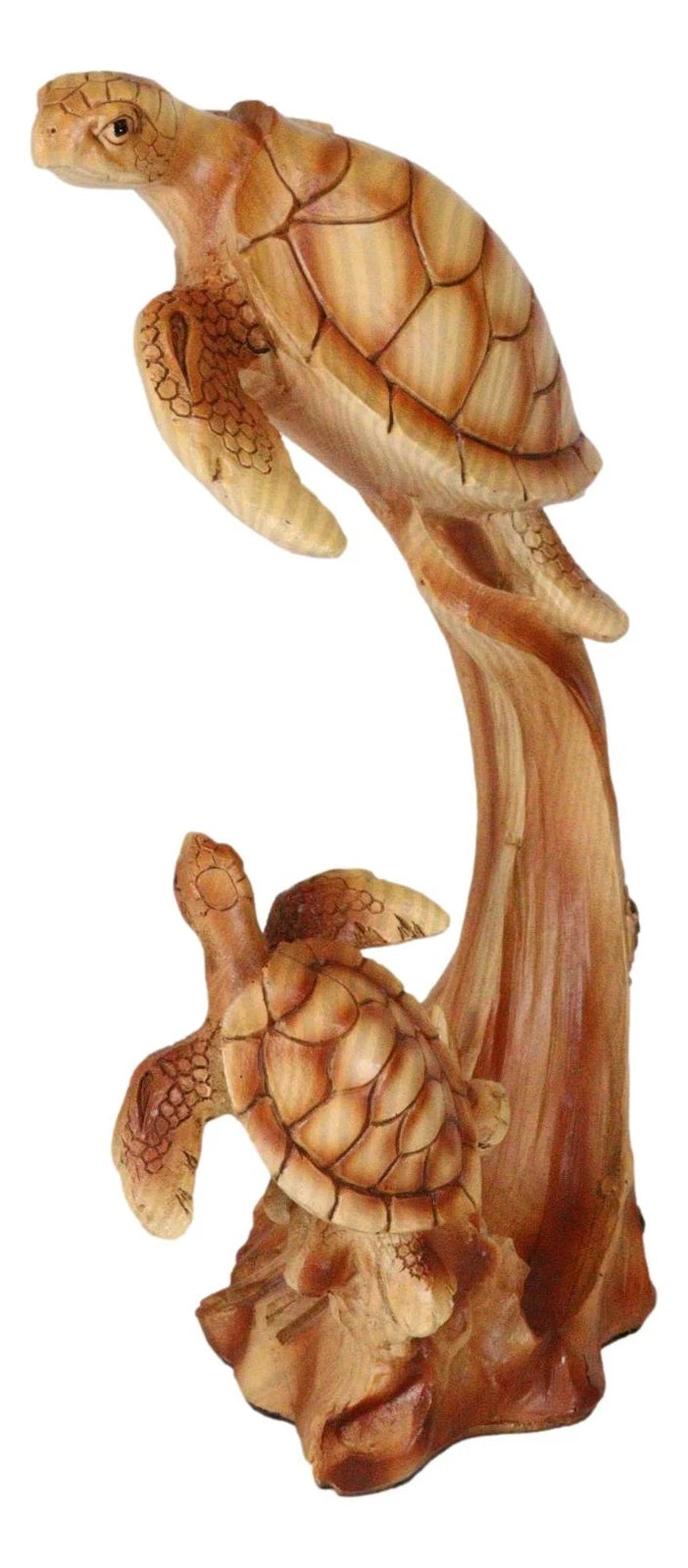 Mother and Baby Sea Turtle Decor Statue 9" Tall Faux Wood Resin Figurine-3
