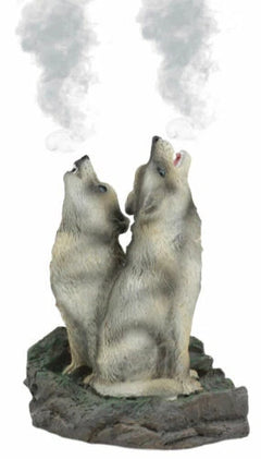 Howling Twin Gray Wolves Incense Burner Figurine 5.5 Inch Tall-2