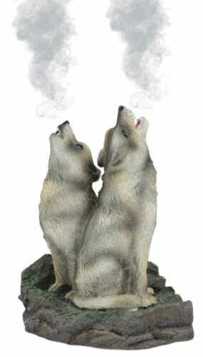Howling Twin Gray Wolves Incense Burner Figurine 5.5 Inch Tall