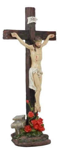 Jesus Christ On Cross W/ Rose of Sharon Base Decorative Crucifix Statue-3
