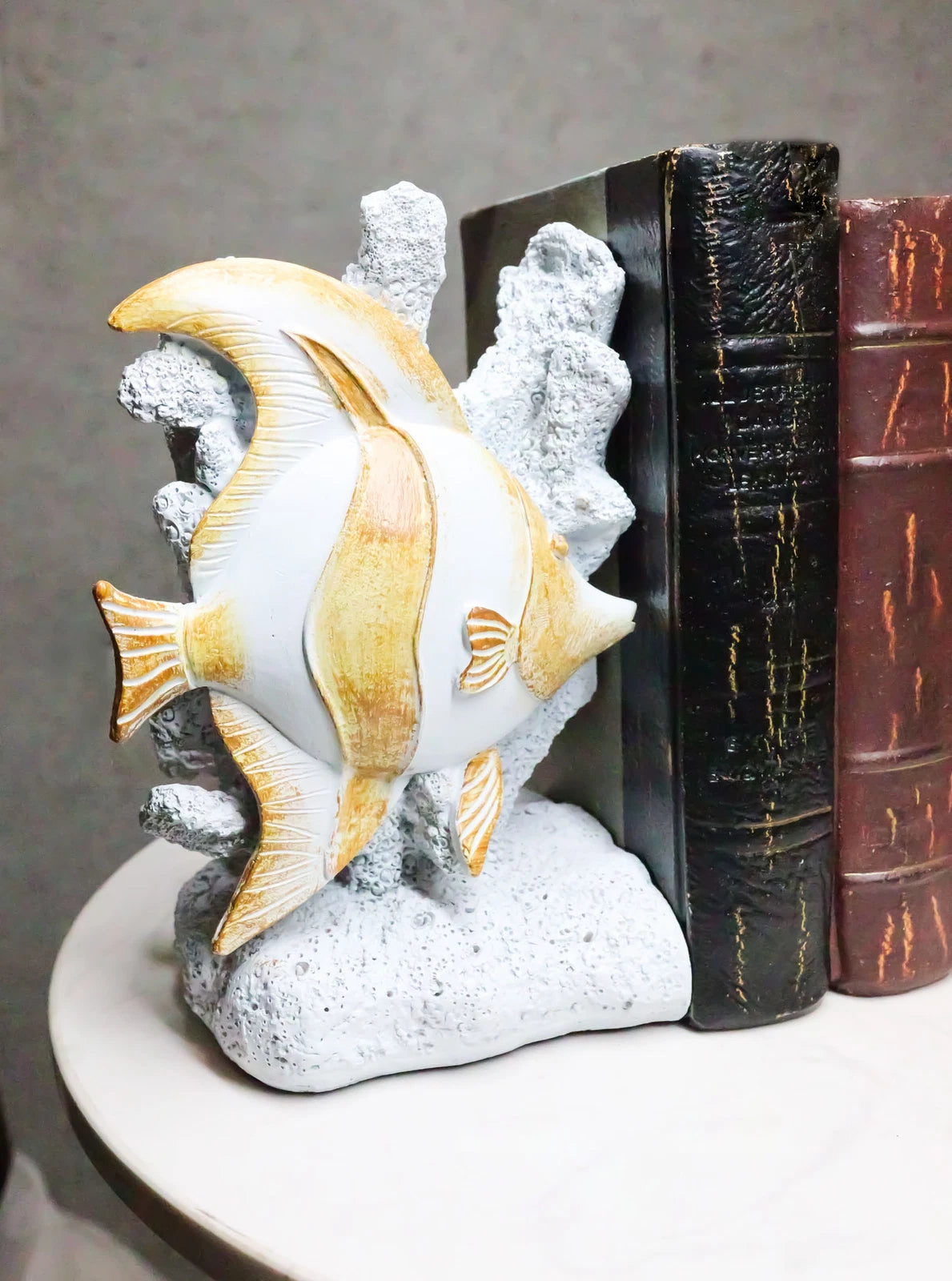 Nautical Sea Coastal Marine Angelfish Fishes Swimming By Corals Bookends Pair-2