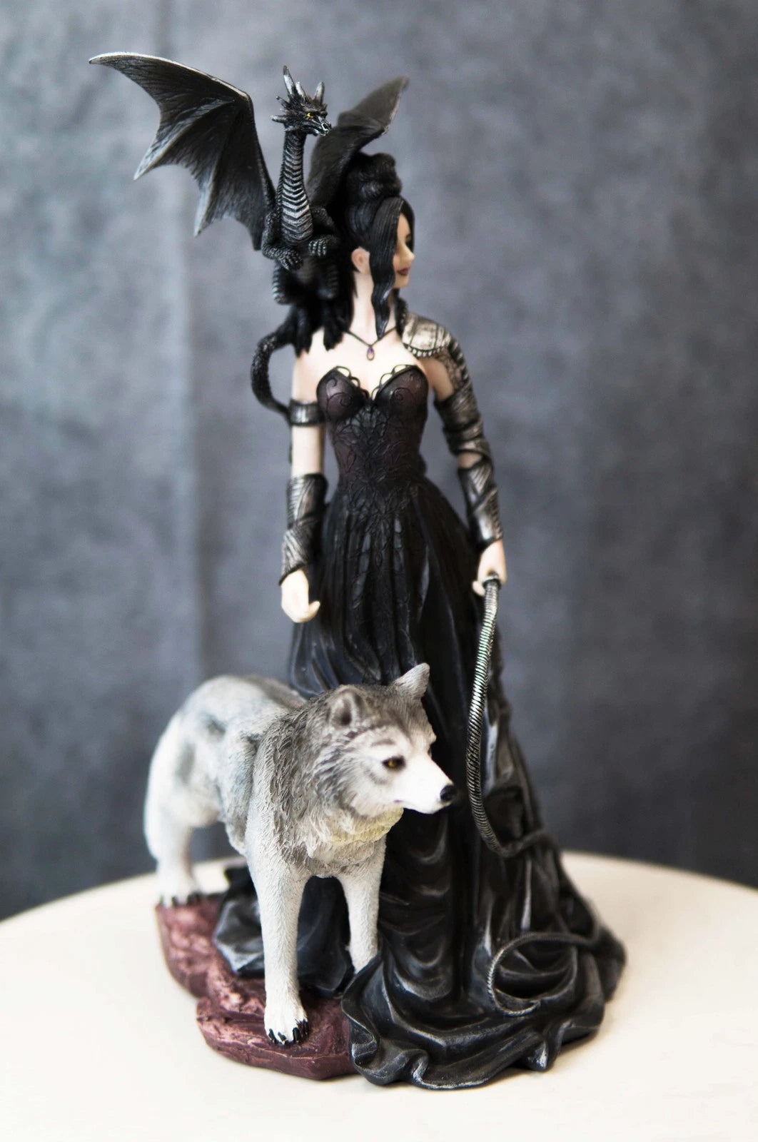 Gothic Maestra Maleficent Witch Fairy With Alpha Wolf and Black Dragon Statue-2