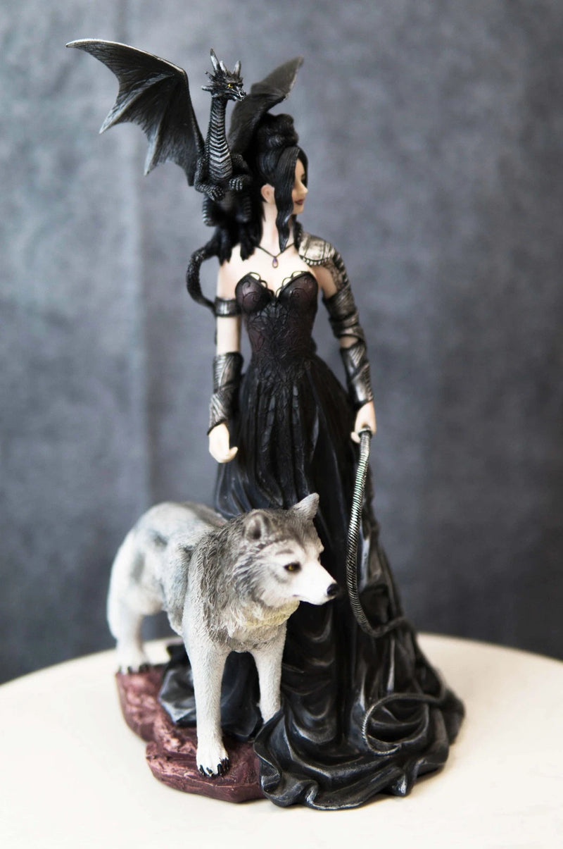 Gothic Maestra Maleficent Witch Fairy With Alpha Wolf and Black Dragon Statue-2