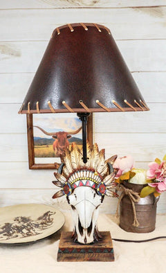 Western Cow Skull with Tribal Indian Chief Feathers Roach Headdress Table Lamp-1