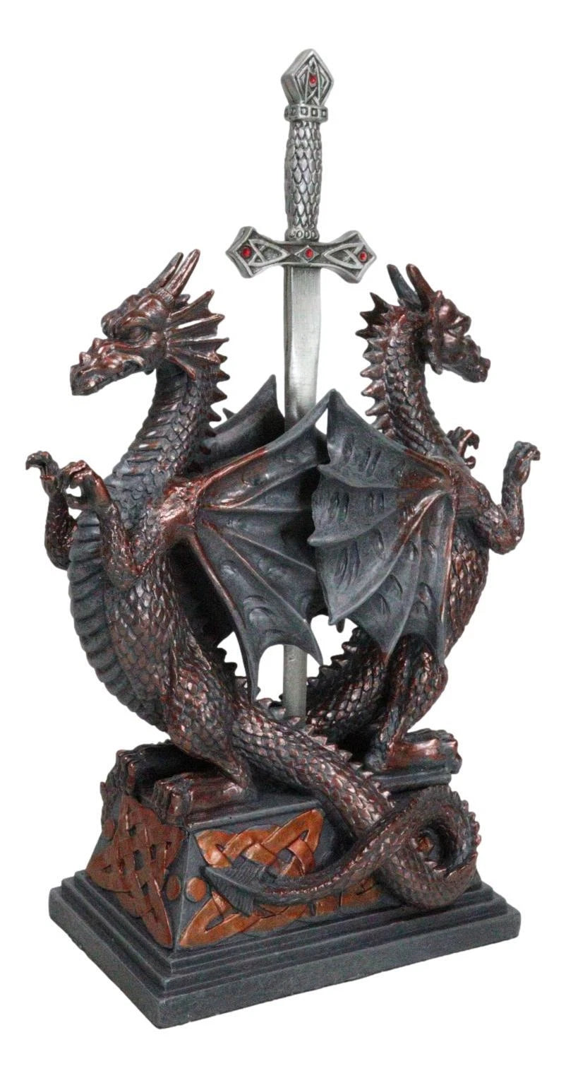 Guardian Double Dragons With Celtic Rune Sword Letter Opener Figurine Set