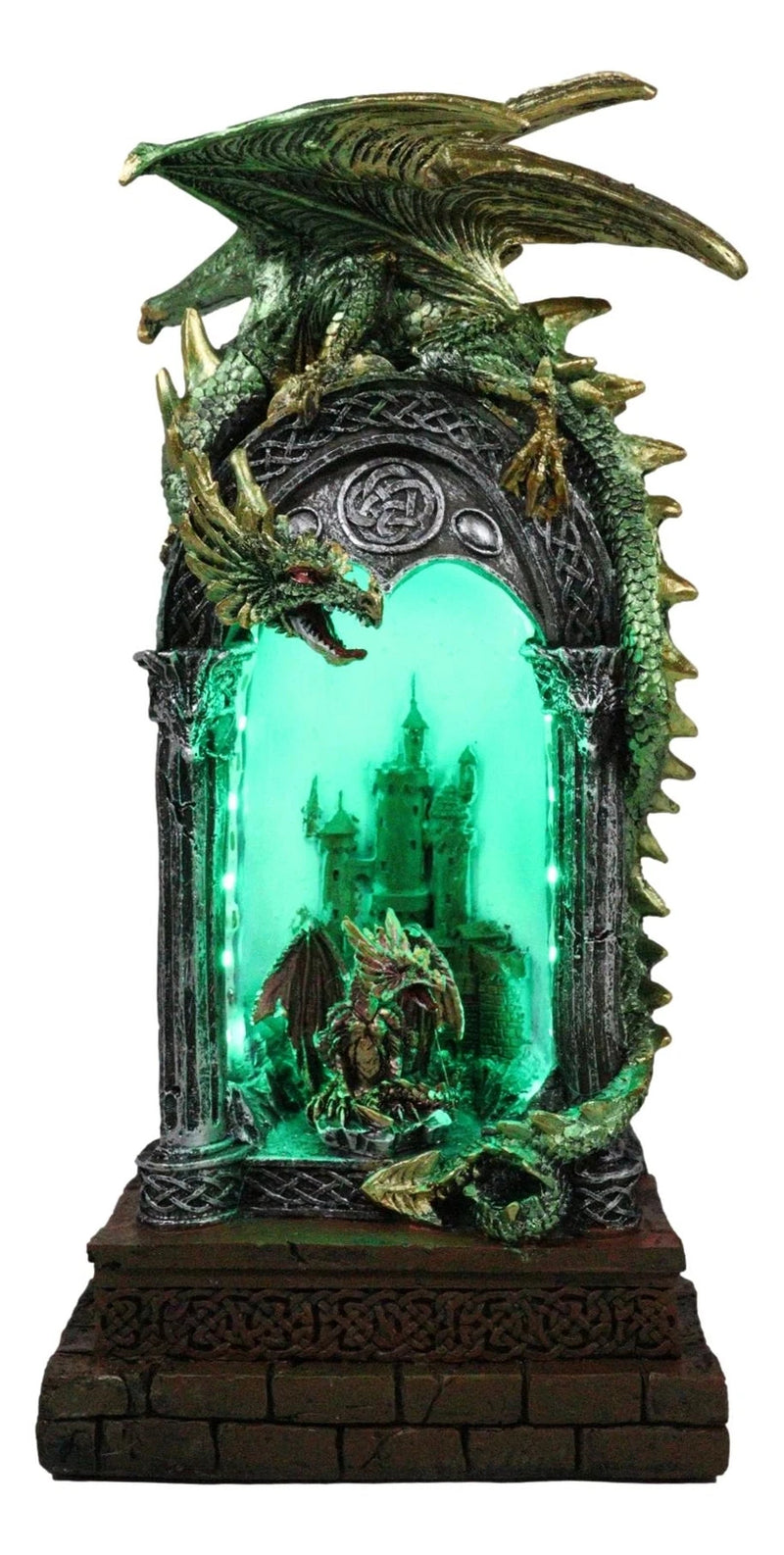 Green Dragon Perching On Celtic Arch Columns With Red Wyrmling LED Light Statue-5