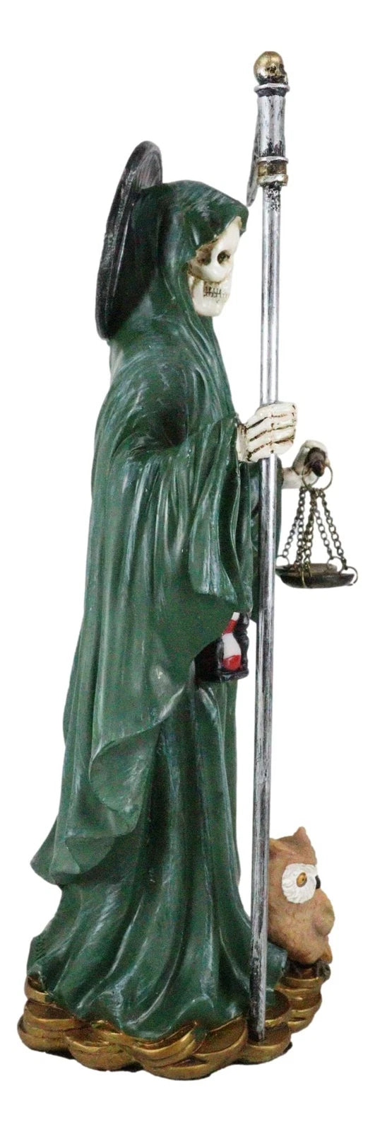 Standing Green Santa Muerte With Scythe Scales of Justice And Wise Owl Figurine-2