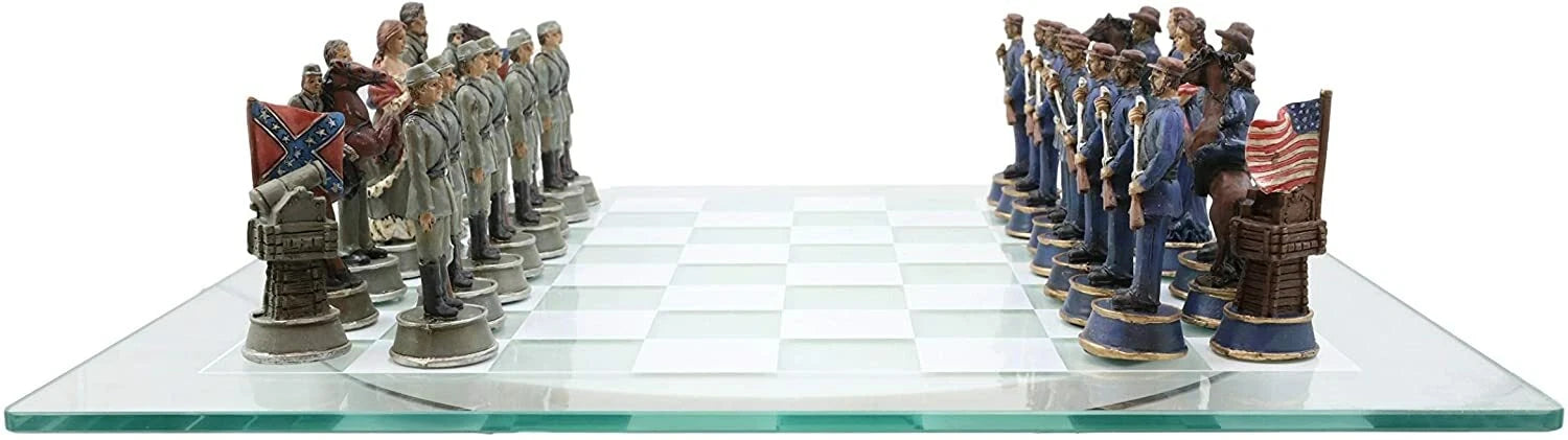 US Civil War Union North VS Confederate South Chess Pieces And Glass Board Set-3