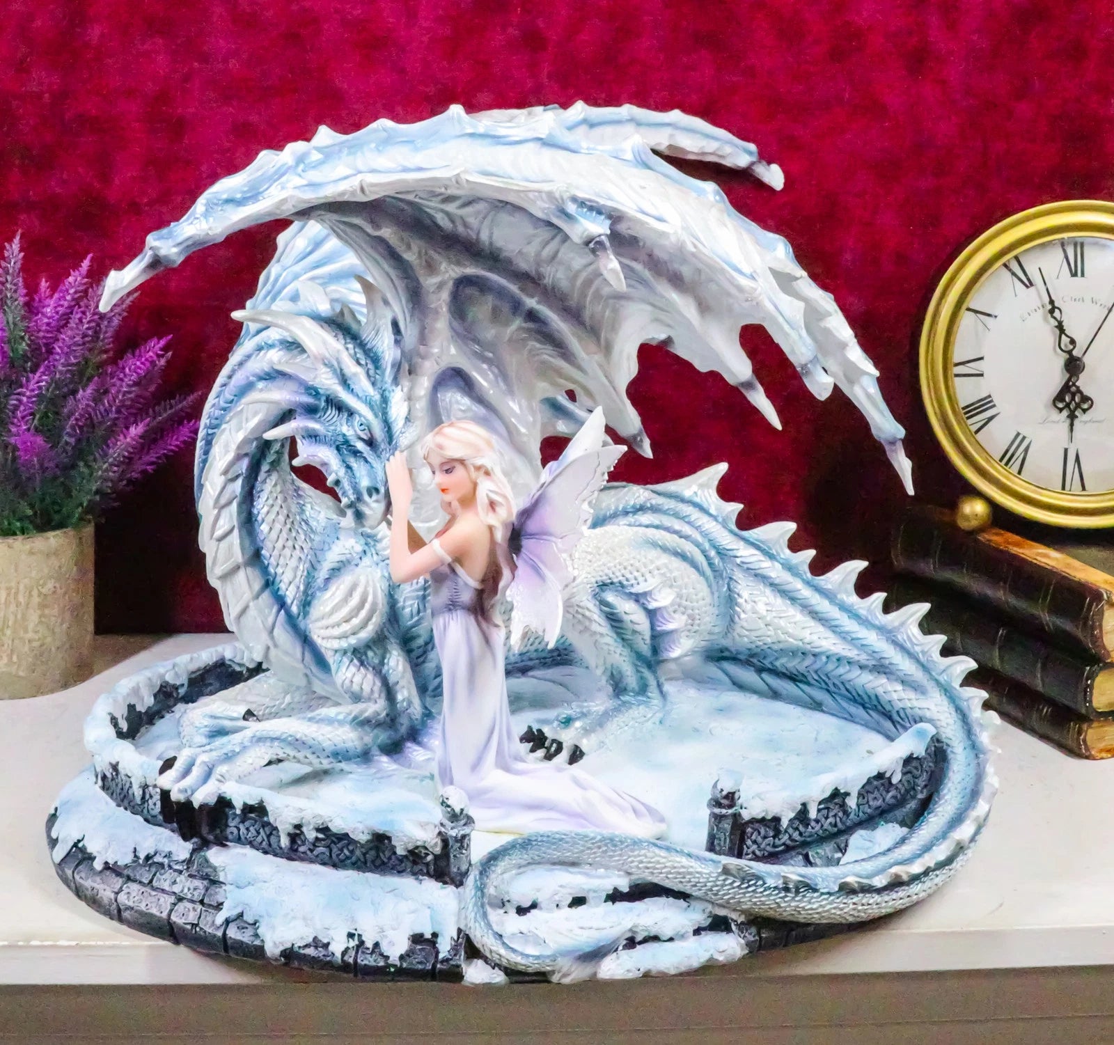 Large 15" Long Winter Blizzard Fairy with Giant White Dragon Statue-1